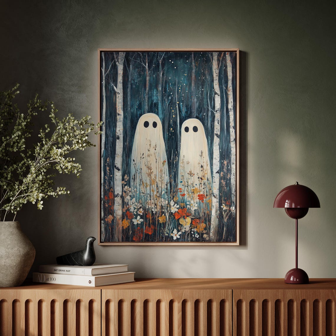 Whimsical Ghosts in Birch Forest Autumn Floral Halloween Wall Poster - Image 5