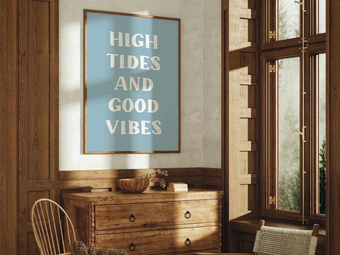 High Tides And Good Vibes Cream Script Blue Gray Beach Quote Poster - Image 2