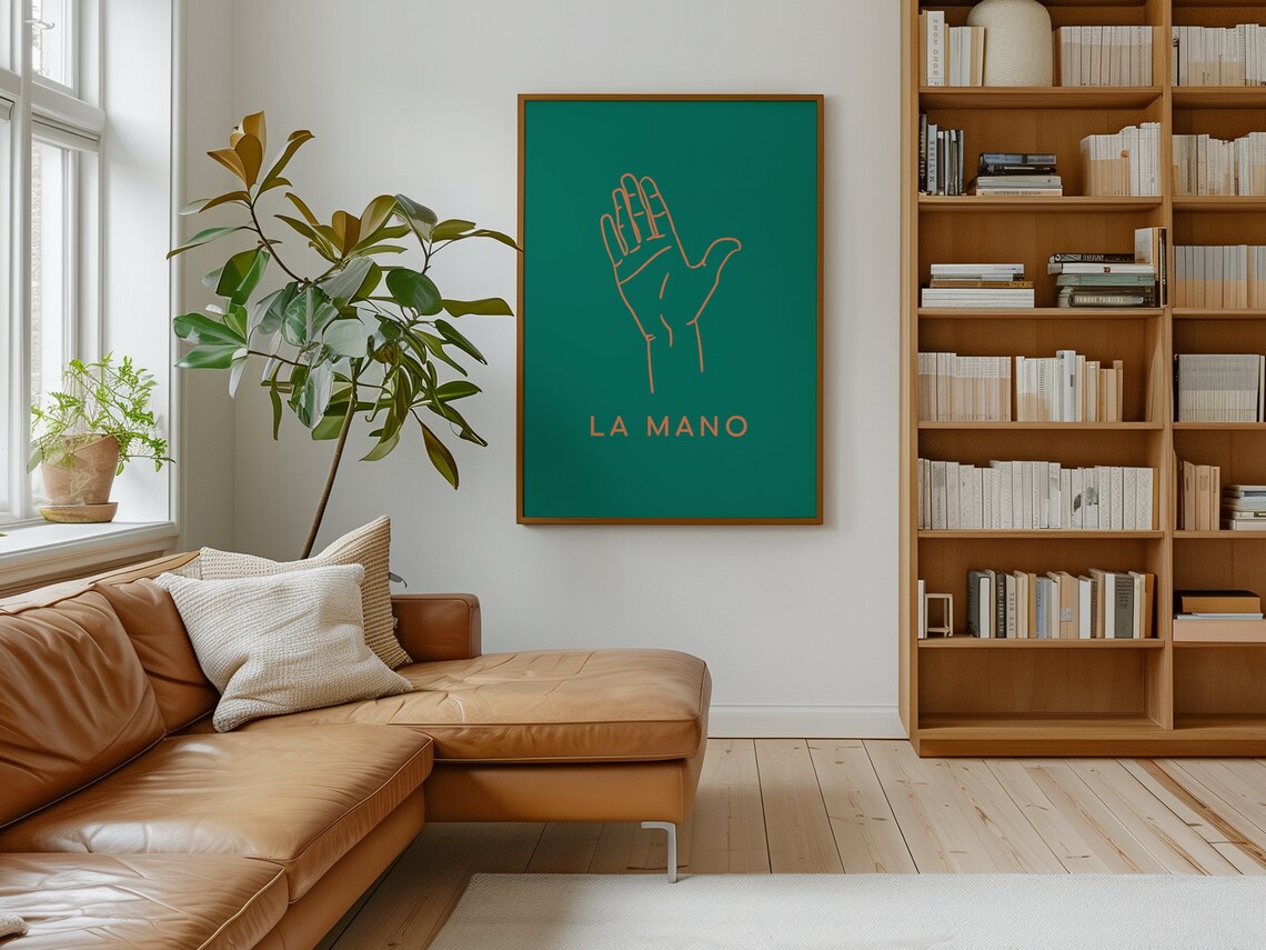 La Mano Line Art Hand Mexican Loteria Style Green Boho Wall Poster - Image 2