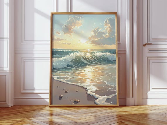 Sunset Beach Wave Painting, Serene Coastal Art Print