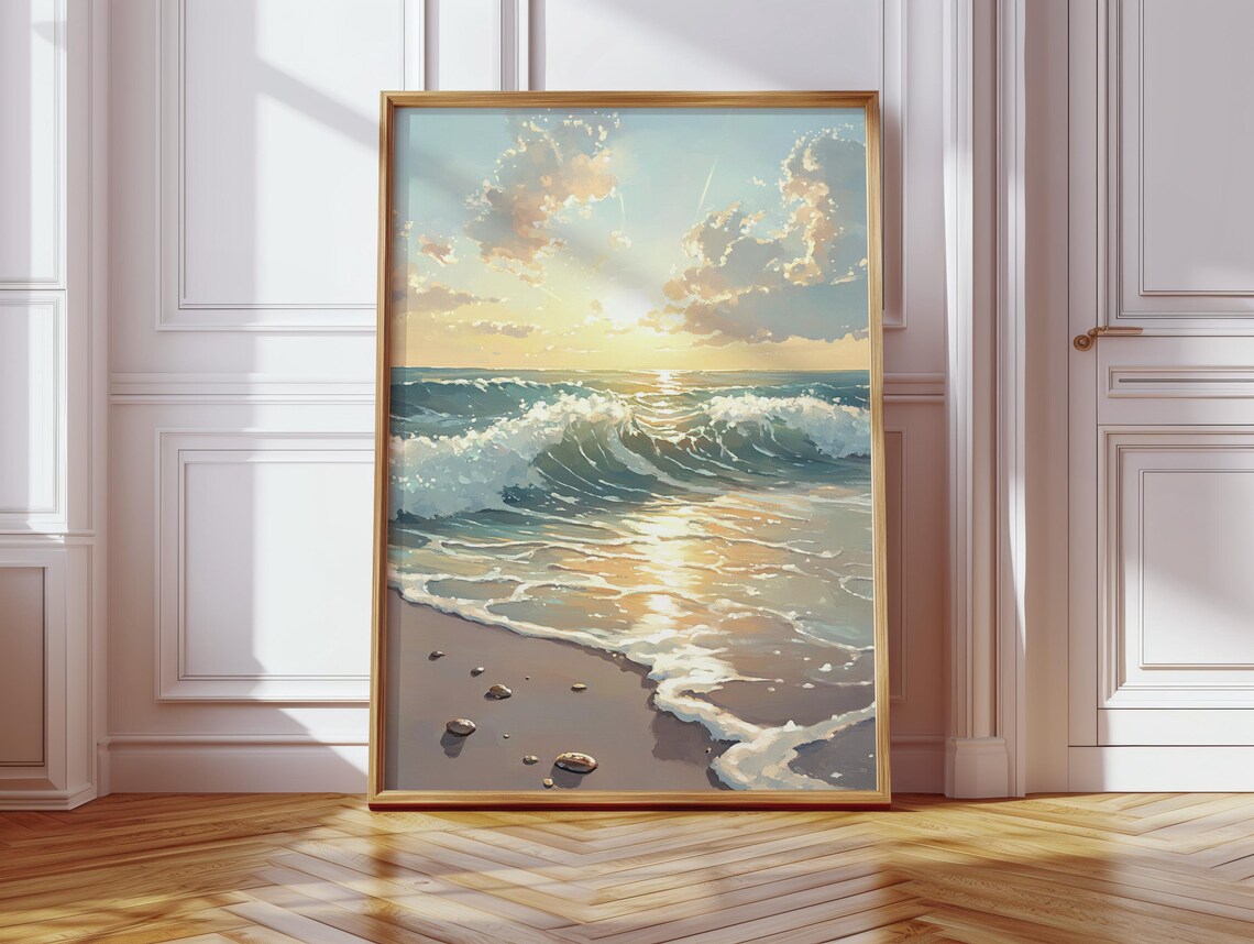 Sunset Beach Wave Painting, Serene Coastal Art Print