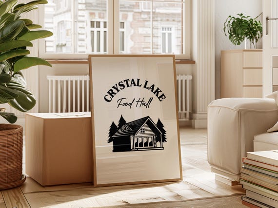Crystal Lake Food Hall Rustic Cabin Logo Art Print Cozy Wall Art For Kitchen Or Country Home Decor