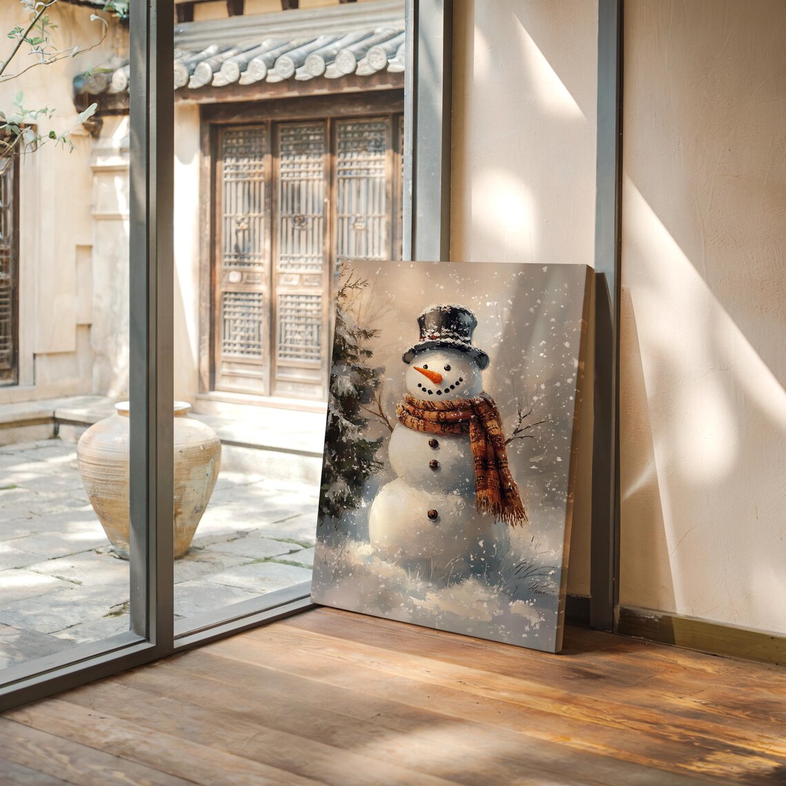 Vintage Snowman In Top Hat And Scarf Amid Falling Snow Holiday Poster - Image 2