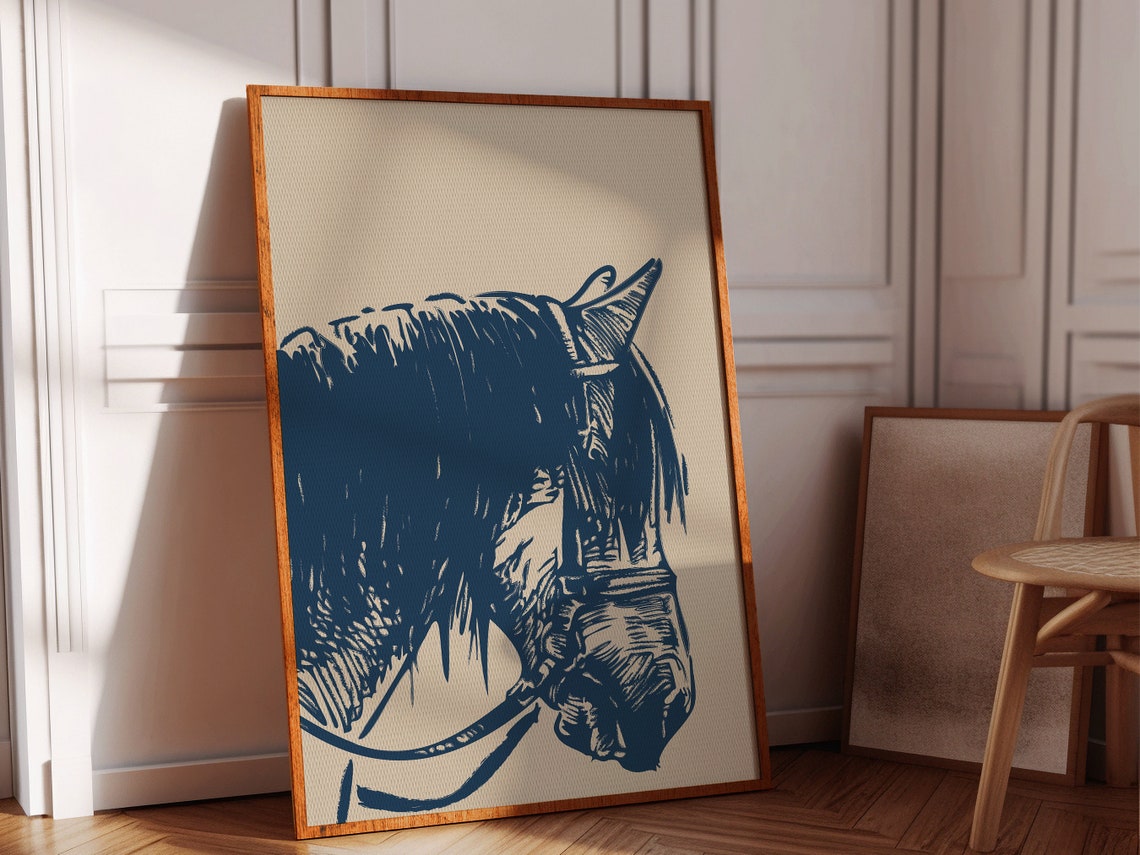 Horse Head Navy Line Art Tan Background Western Boho Wall Poster - Image 2