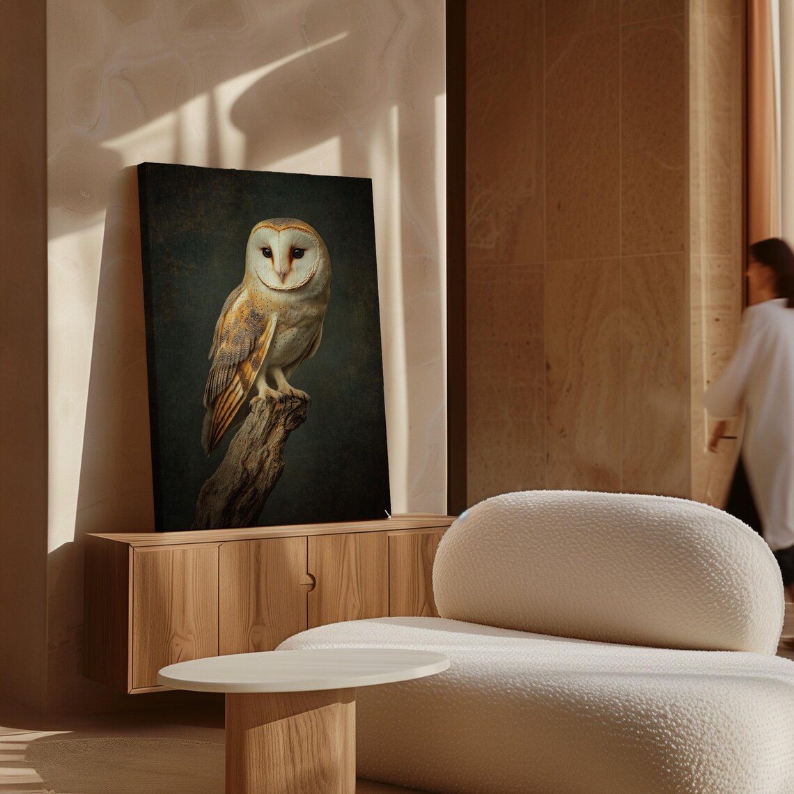 Barn Owl Perched on Branch Moody Wildlife Photography Wall Art Poster - Image 2