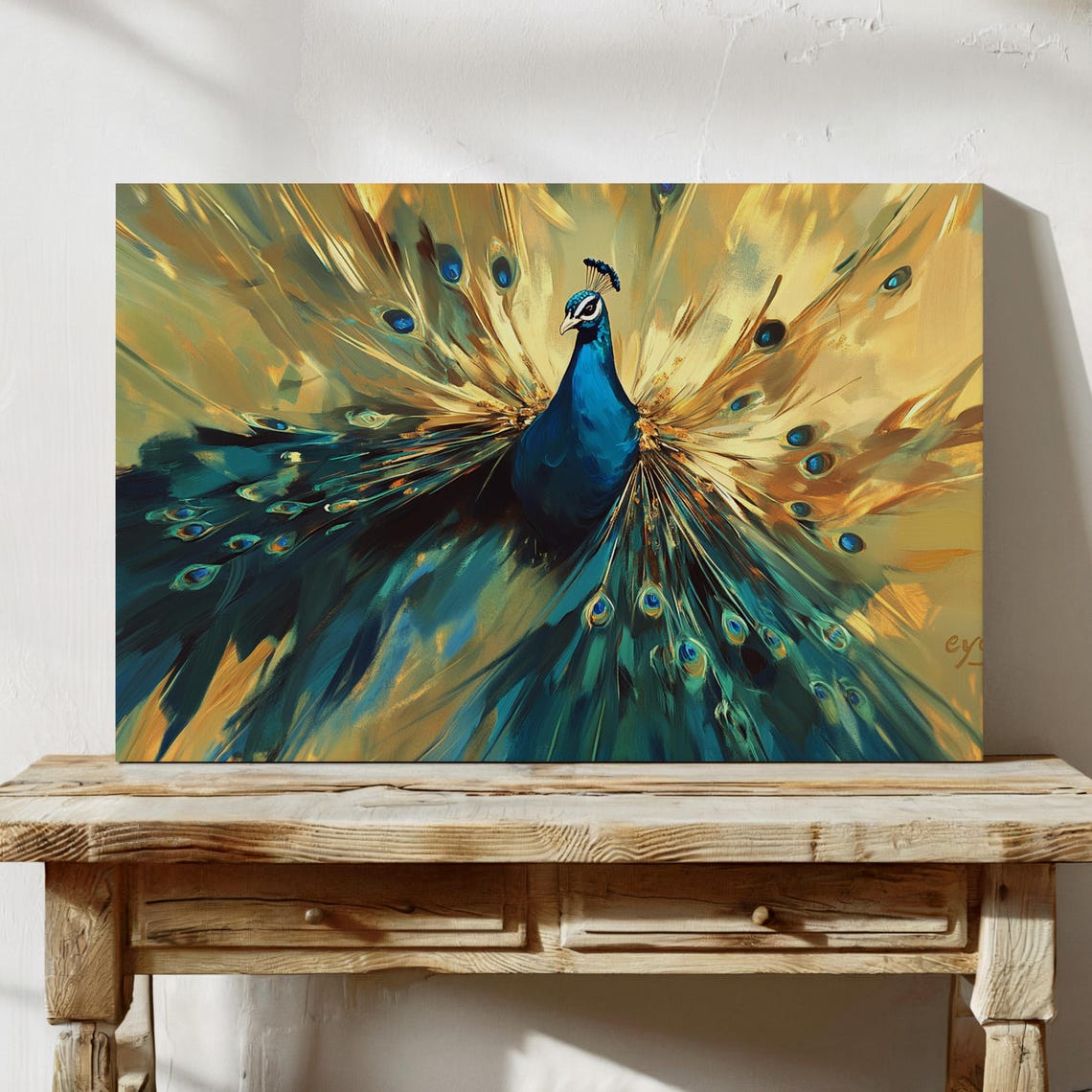 Bold Peacock Golden Teal Fanned Tail Striking Dramatic Bird Wall Art - Image 5