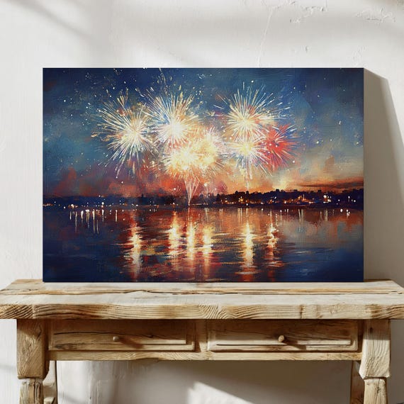 Colorful Fireworks Over Water Painting Festive Night Sky Celebration Wall Art Print For Holidays And Special Events