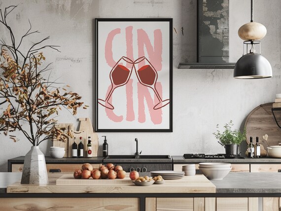 Cin Cin Wine Toast Clinking Glasses Pink Retro Bar Kitchen Poster