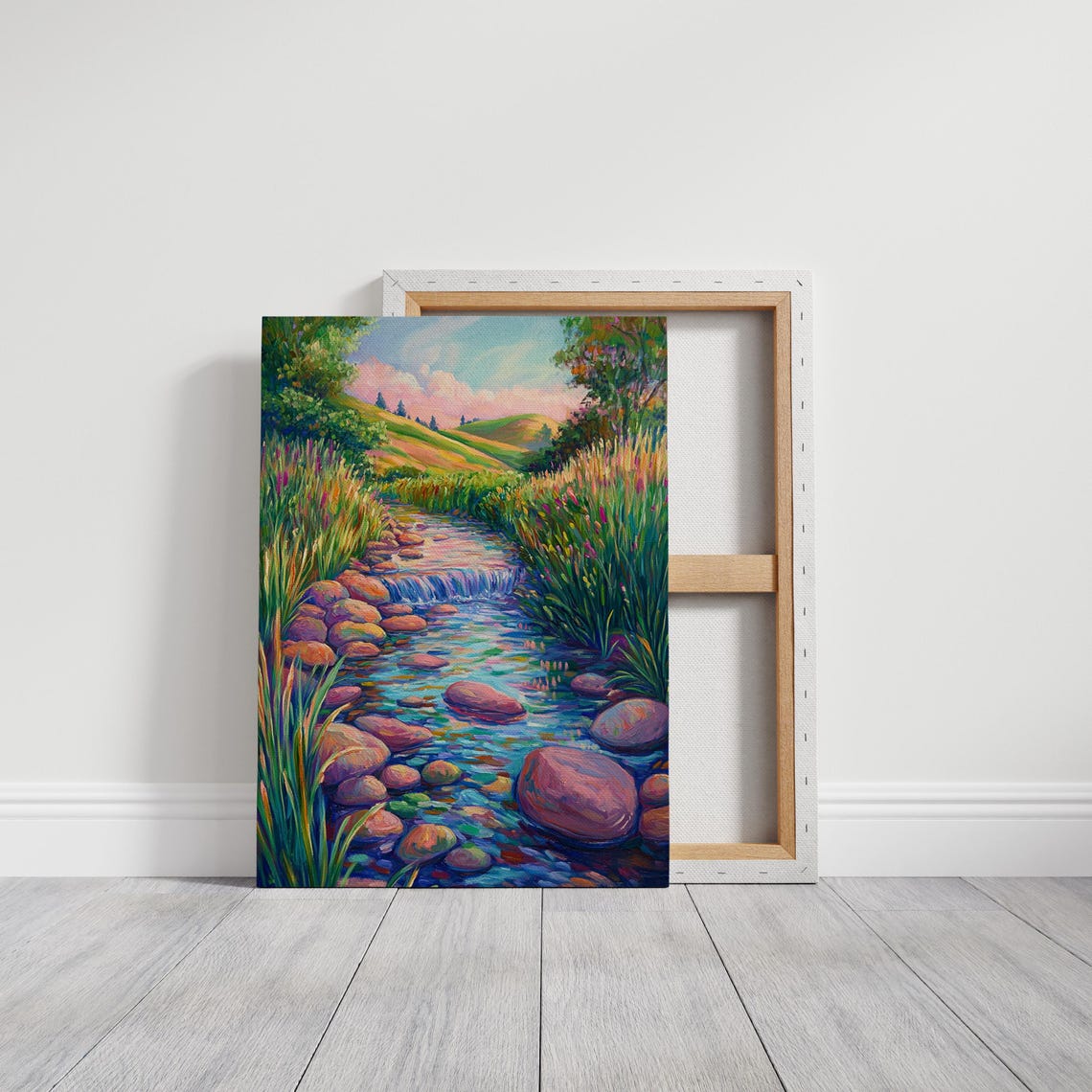 Serene Stream Landscape Painting Style Prints Vibrant Nature Scene With Flowing Water And Lush Greenery - Image 4