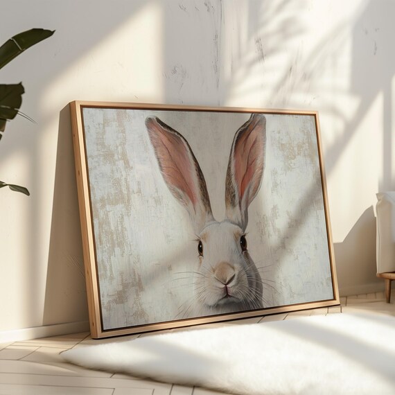 White Rabbit Front Portrait Soft Neutral Minimalist Farmhouse Print