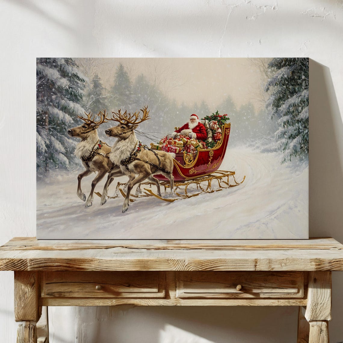Santa Sleigh Ride Christmas Art Print Festive Holiday Decor Classic Santa And Reindeer Scene Vintage Winter Wonderland Painting