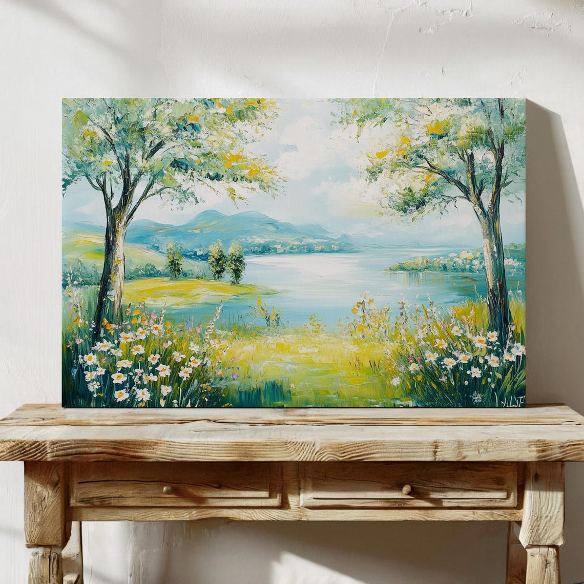 Bright Lakeside View With Wildflowers And Trees Cheerful Nature Poster - Image 3