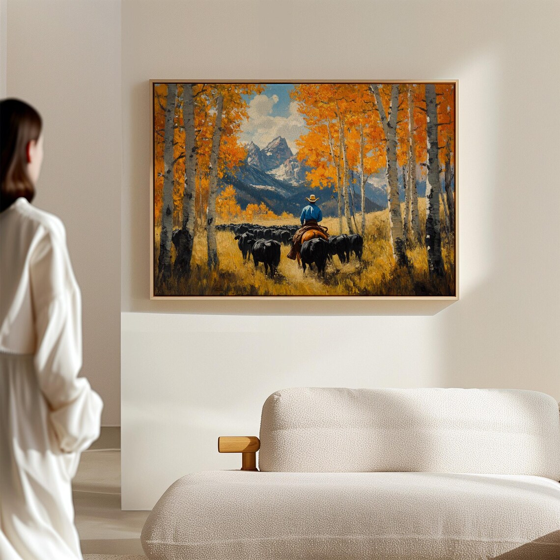 Cowboy Cattle Drive Western Ranch Autumn Aspen Landscape Art Poster - Image 2