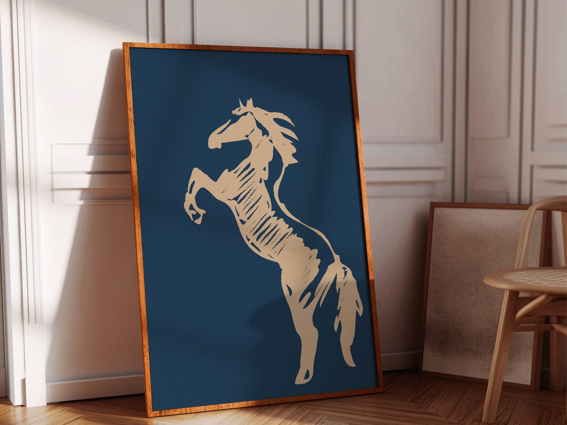 Rearing Horse Sketch Navy Cream Modern Western Equestrian Art Print
