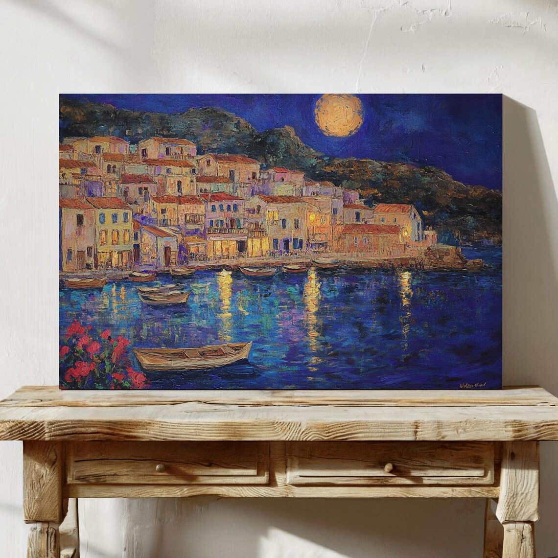 Mediterranean Harbor Night Moonlit Village Boats Reflections Art - Image 4