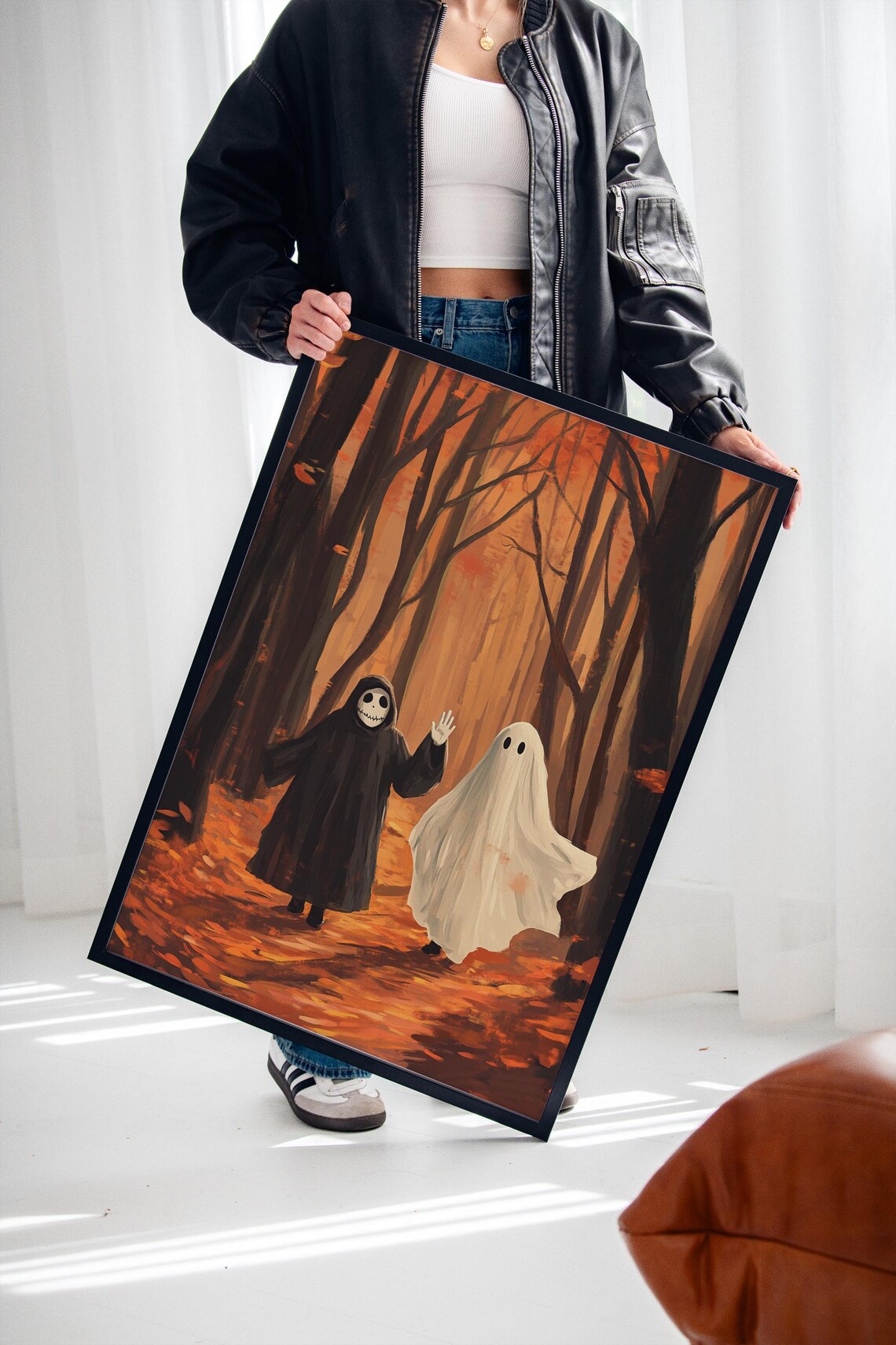 Ghost And Skeleton Friends Strolling In Fiery Autumn Forest Poster - Image 2