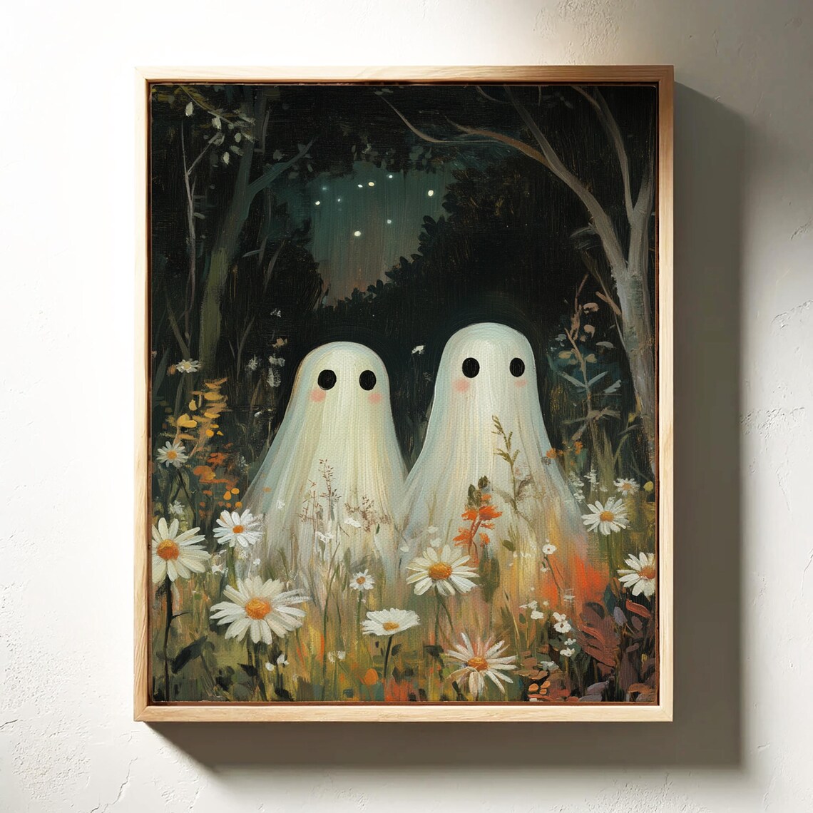 Playful Ghosts In Moonlit Wildflower Meadow Cute Spooky Halloween Poster - Image 2