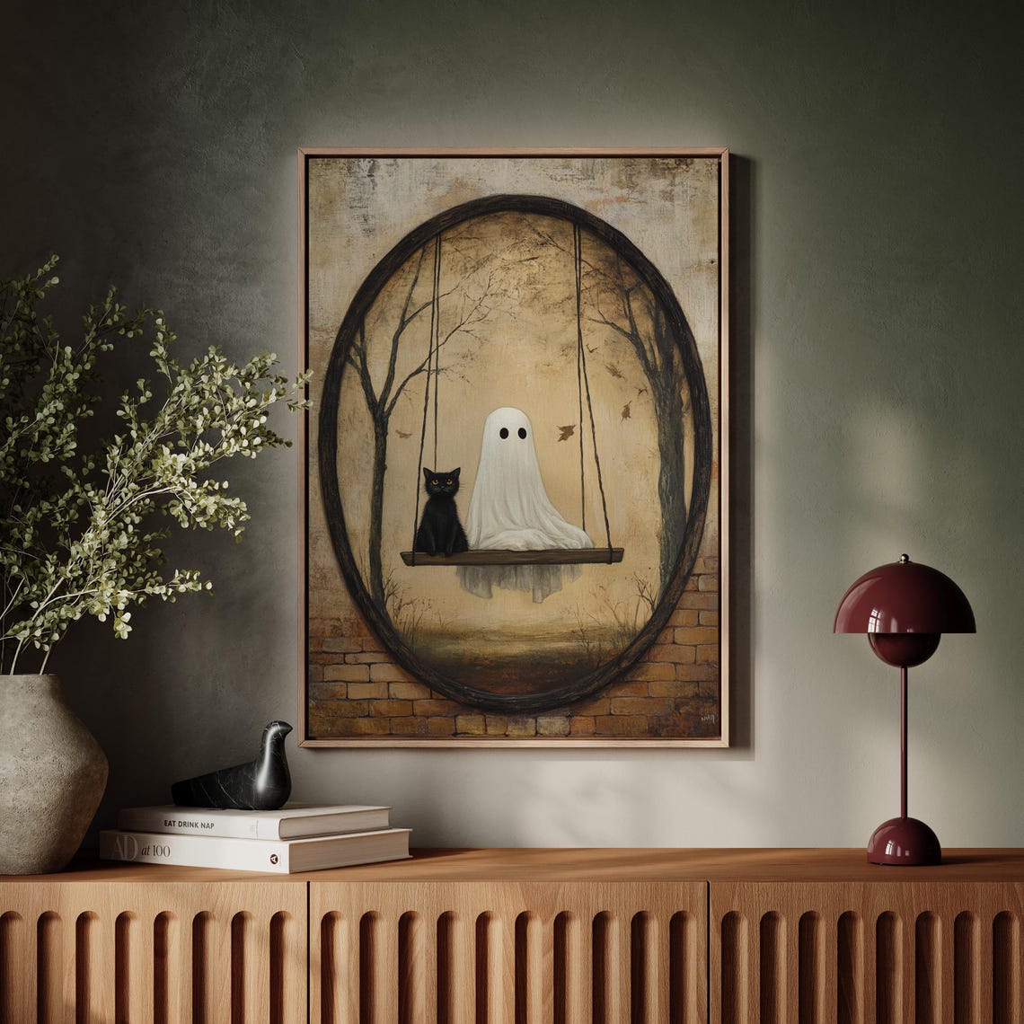 Ghost and Black Cat on Swing Rustic Oval Frame Spooky Cute Wall Poster - Image 5