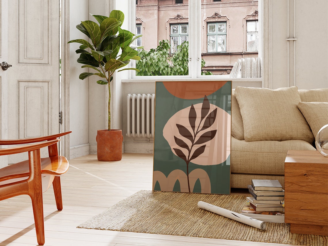 Teal Terracotta Botanical Leaf Circle Abstract Boho Wall Poster