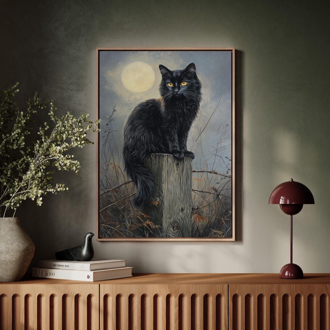 Black Cat With Golden Eyes Under Moonlight Enchanted Art Print