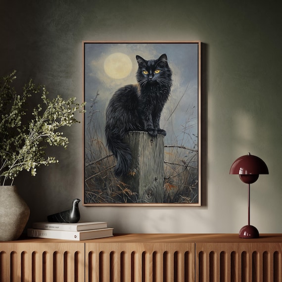 Black Cat With Golden Eyes Under Moonlight Enchanted Art Print