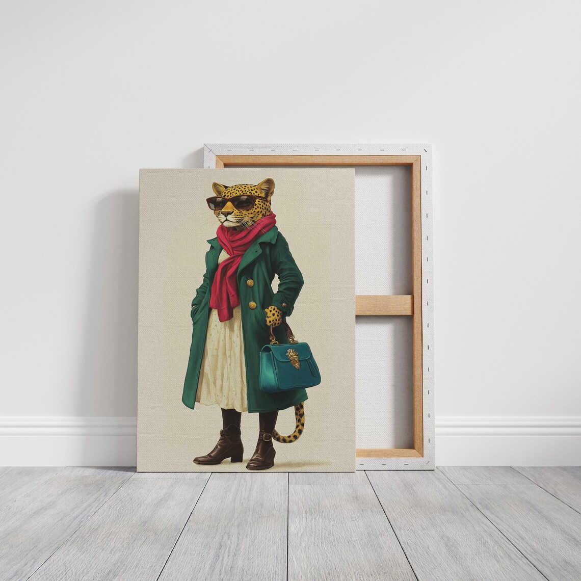 Fashionable Leopard In Sunglasses Green Coat Red Scarf Quirky Wall Art - Image 5
