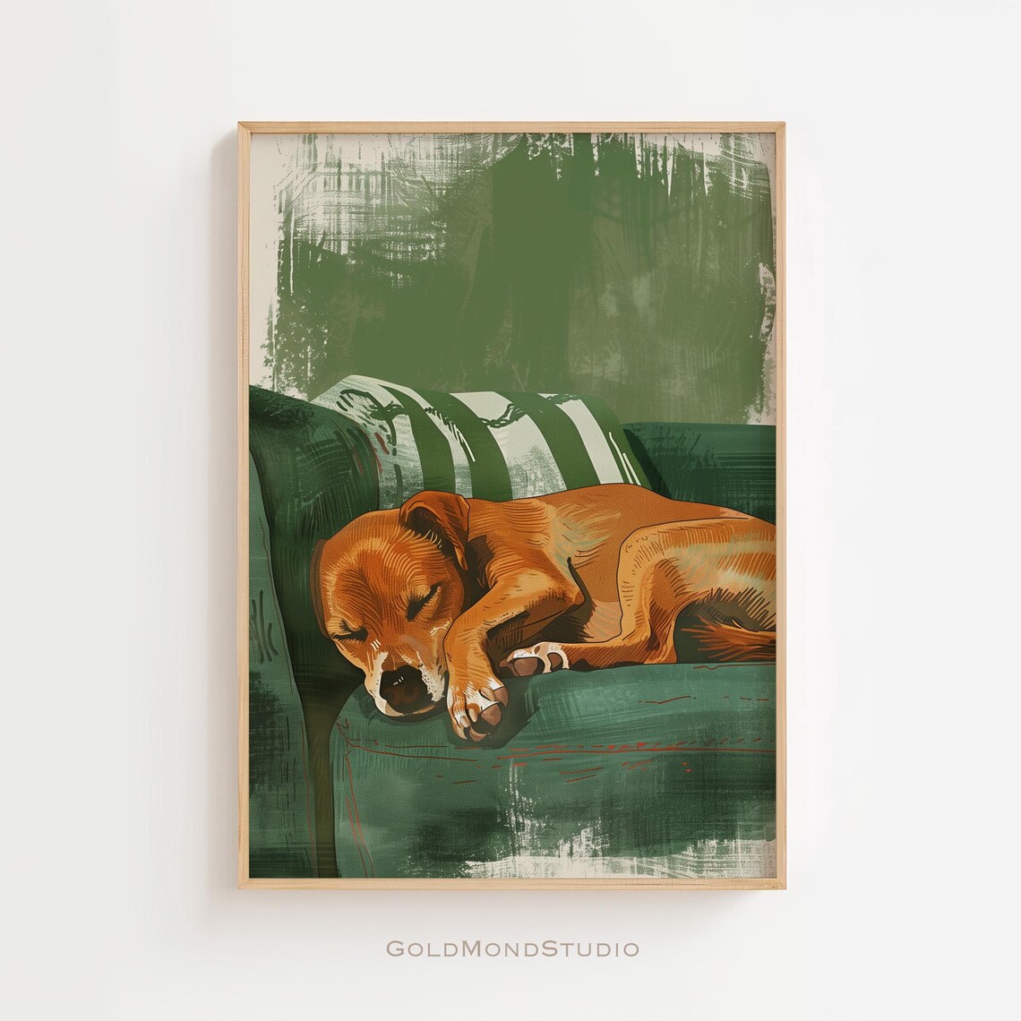 Sleeping Brown Dog On Green Couch Cozy Bedroom Vintage Art Poster