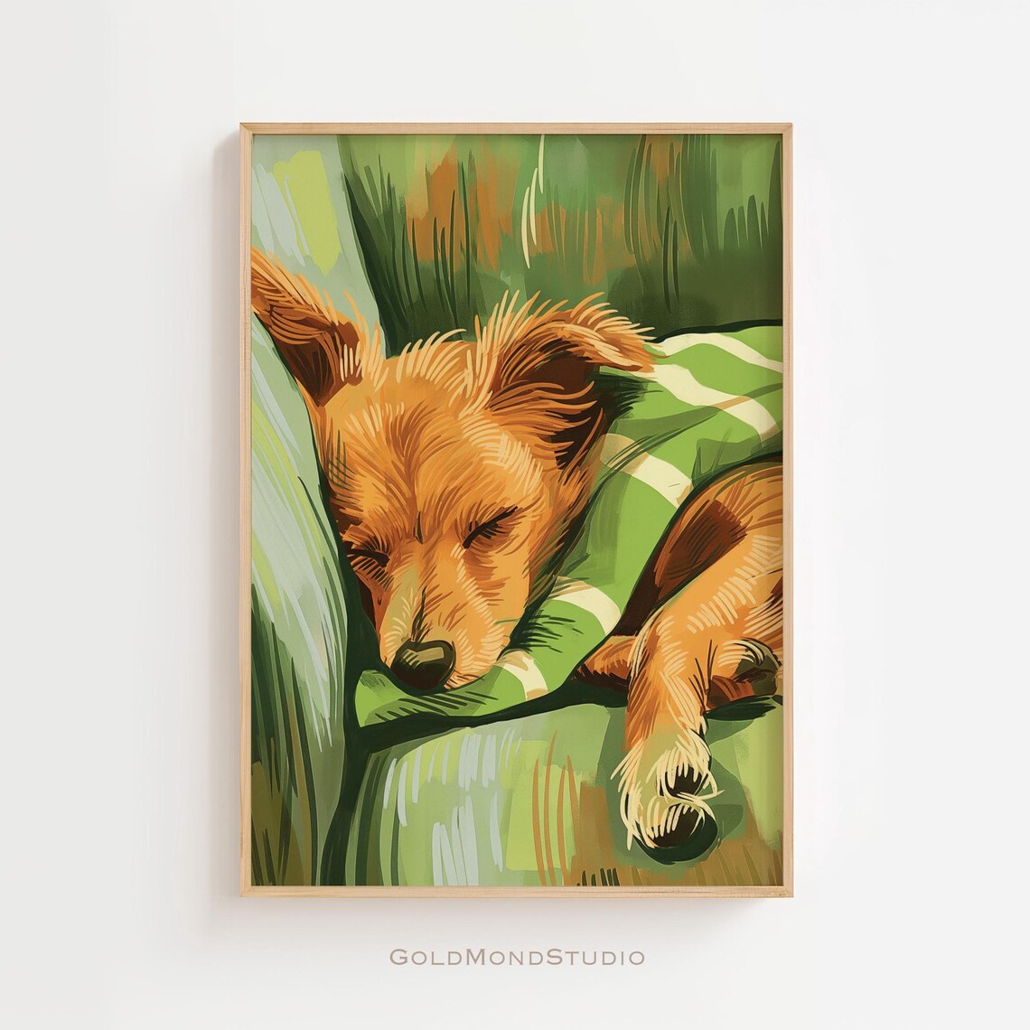 Sleeping Golden Brown Dog On Striped Pillow Vintage Art Poster