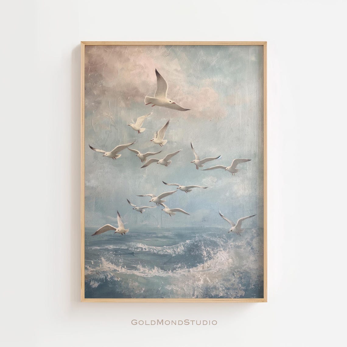Flock of White Seagulls Flying Over Crashing Ocean Waves Poster