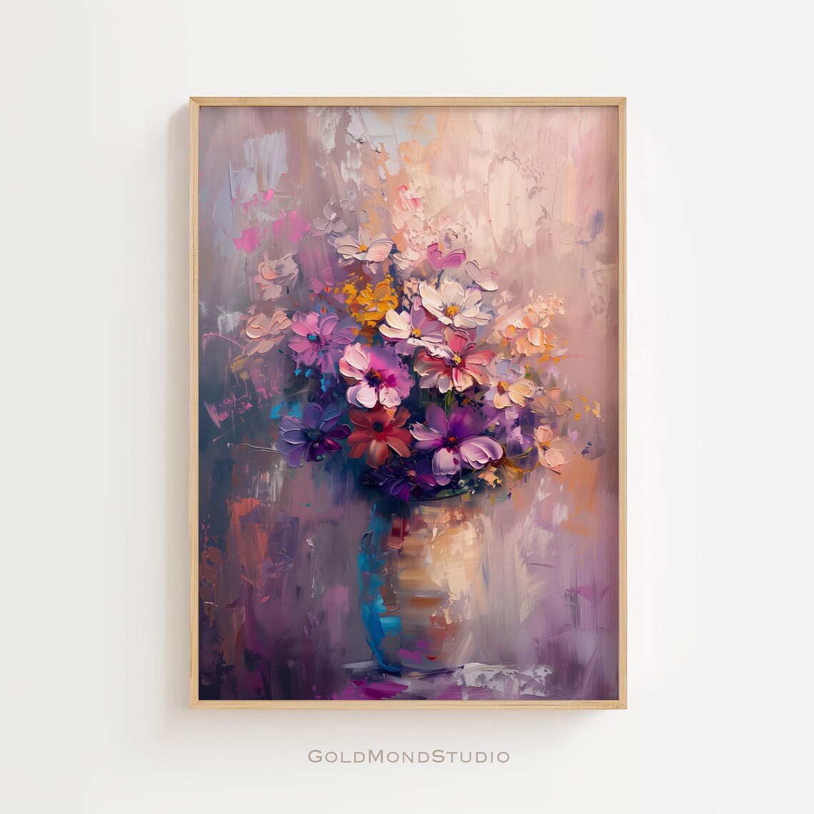 Purple and Pink Cosmos Bouquet in Thick Impasto Oil Painting Poster