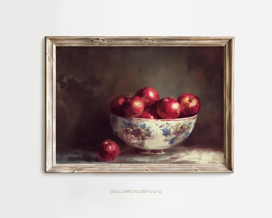 Red Apples Floral Porcelain Bowl Vintage Still Life Kitchen Poster