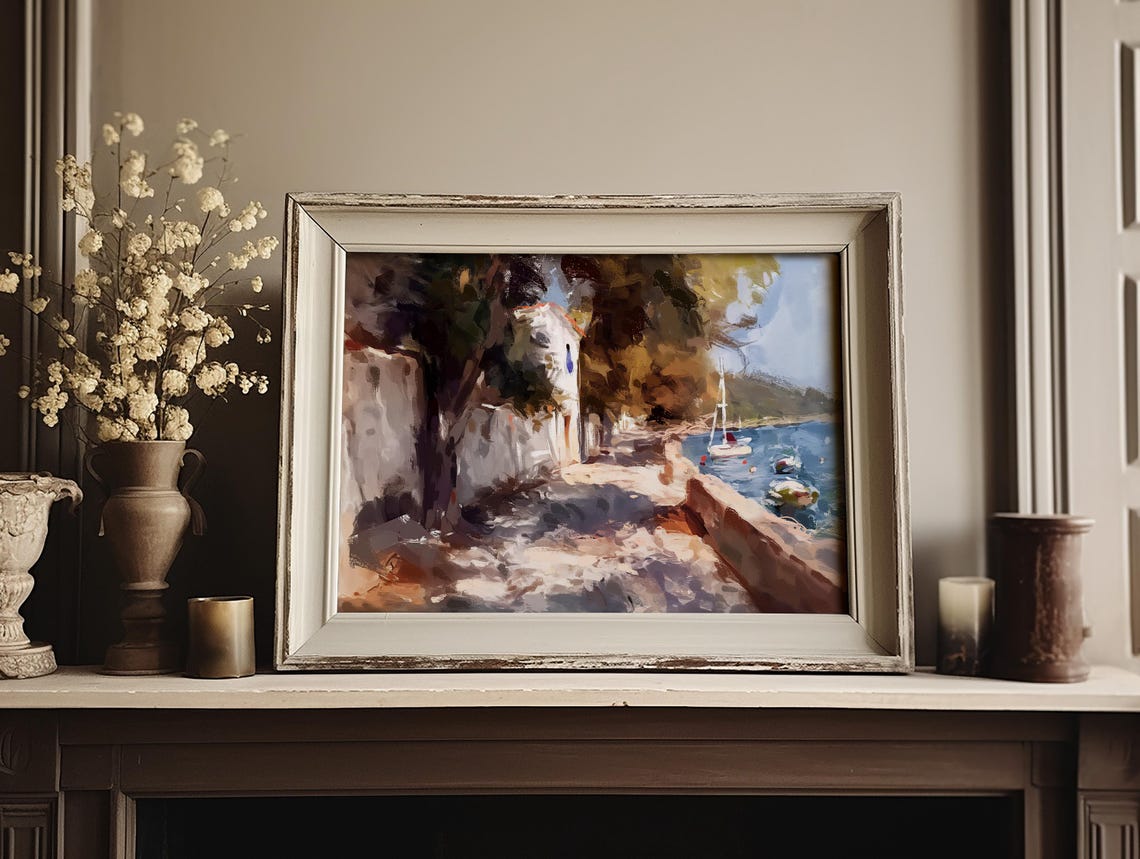 Mediterranean Coastal Promenade Harbor Sailboat Painting Poster - Image 3