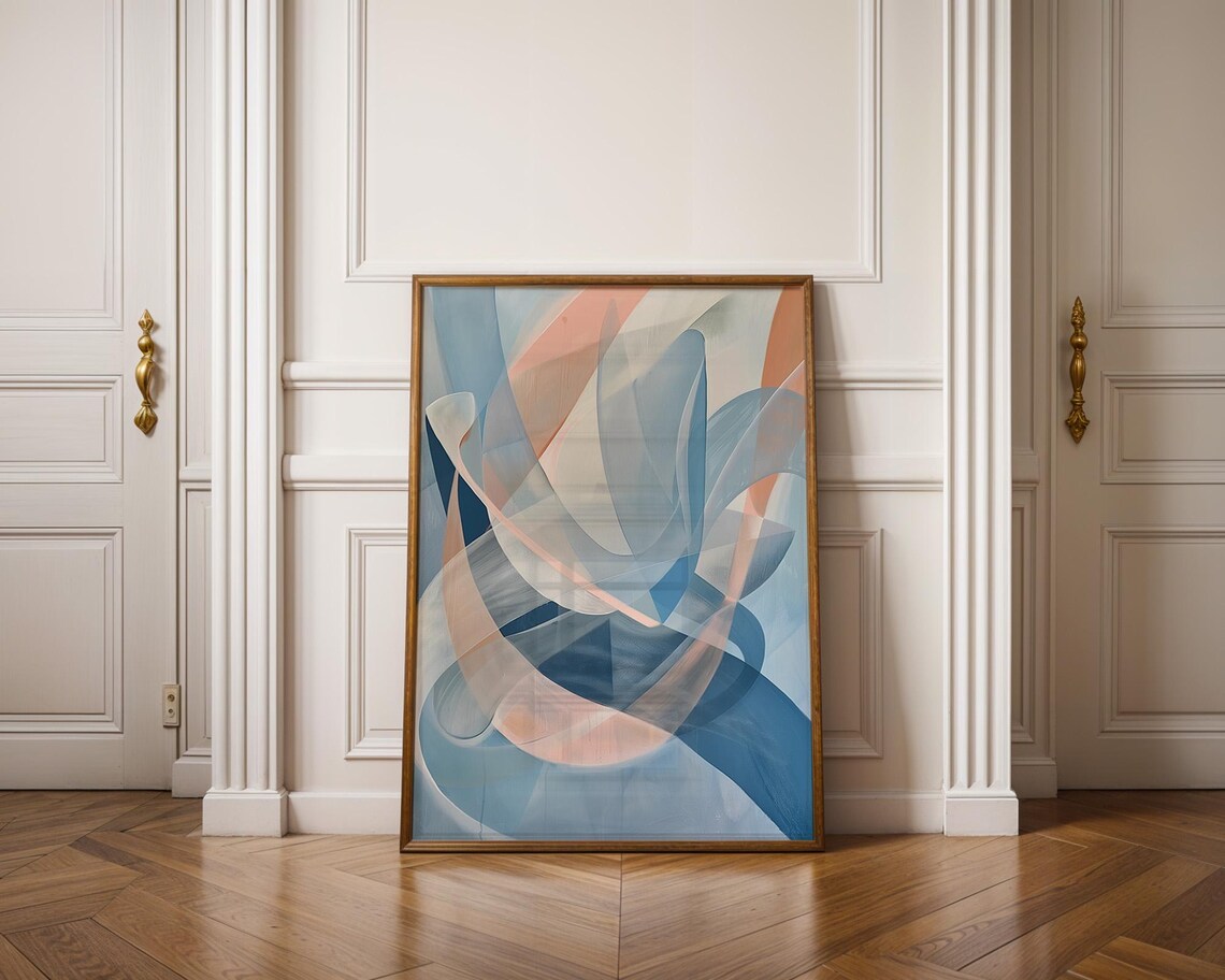 Abstract Swirls of Translucent Blue and Peach Silk Ribbon Waves Poster - Image 3