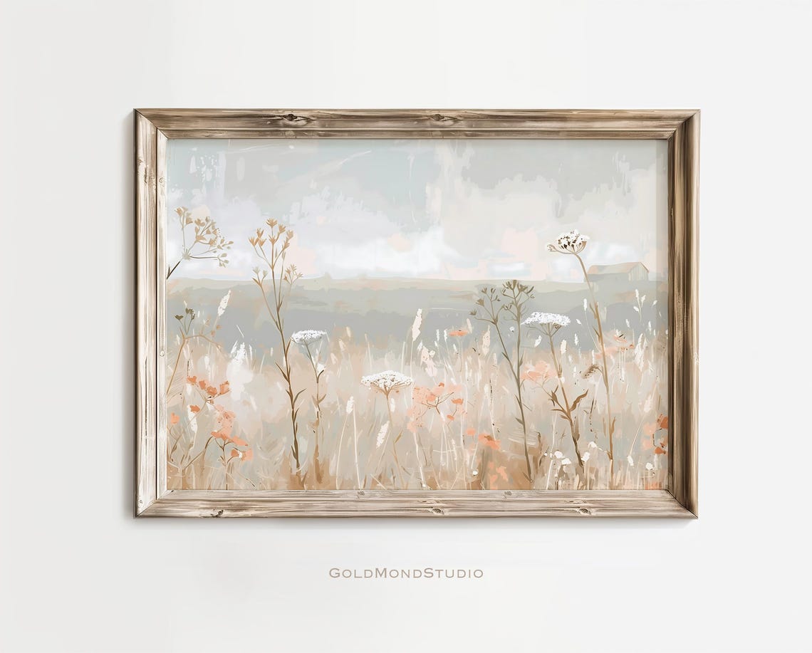 Soft Wildflower Meadow Beige Vintage Style Landscape Wall Poster - Image 3