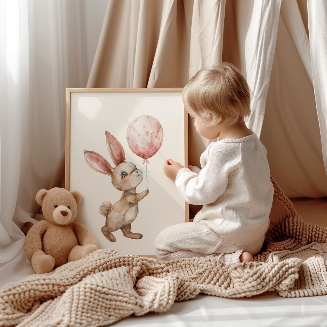 Walking Baby Bunny Pink Balloon Watercolor Sweet Nursery Poster - Image 2