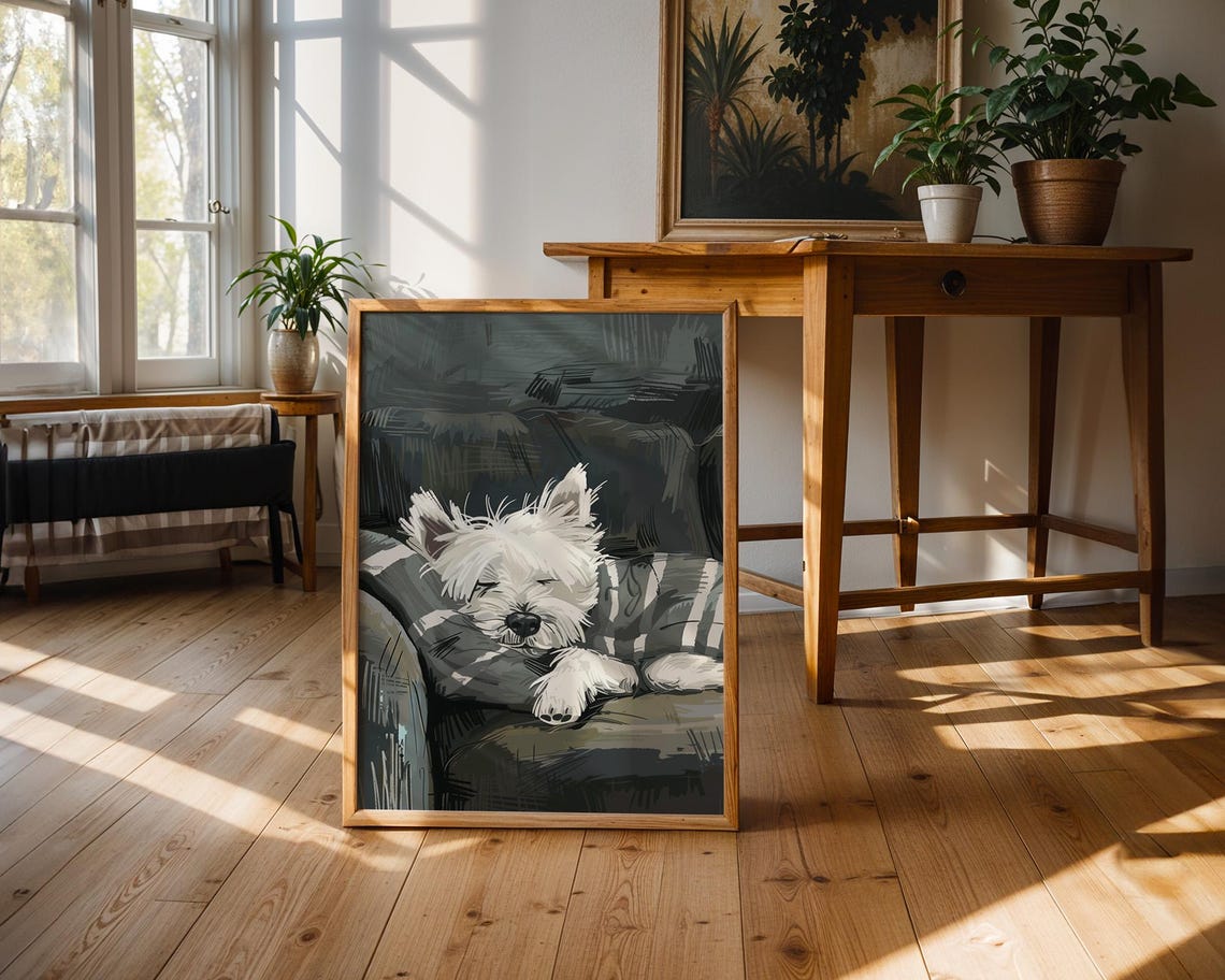 Sleeping White Terrier Puppy On Gray Couch Vintage Art Poster - Image 2