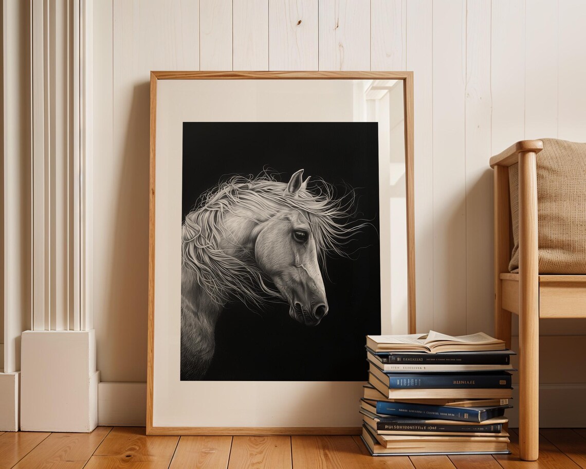 Majestic White Horse Black Background Monochrome Portrait Poster - Image 3