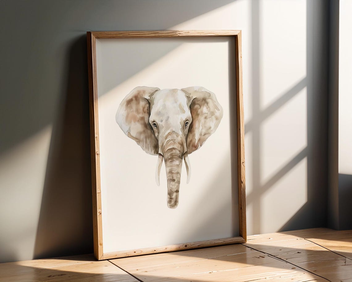 Watercolor Elephant Head Soft Beige Nursery Animal Decor Poster - Image 2