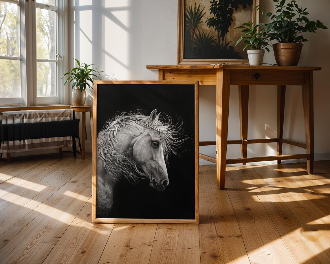 Majestic White Horse Black Background Monochrome Portrait Poster - Image 2
