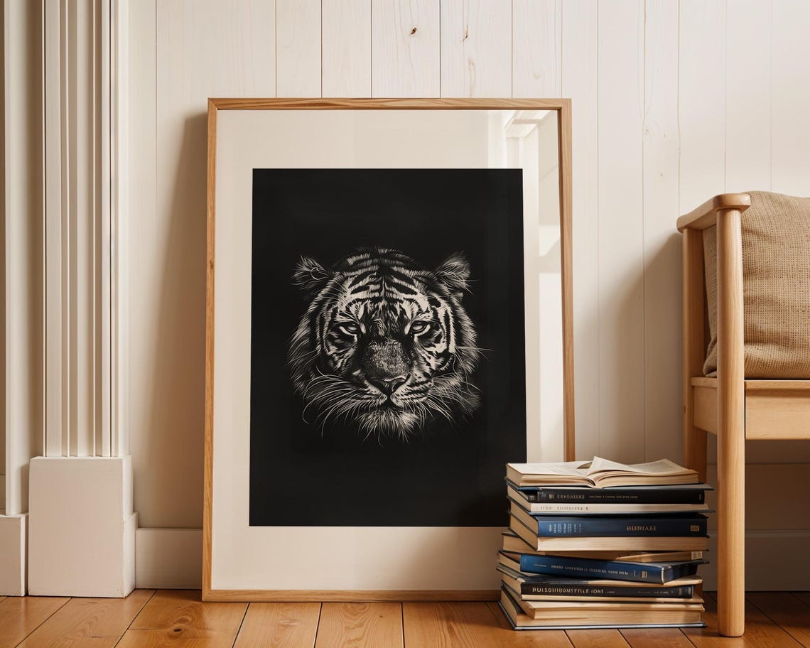 Tiger Face Close-Up Black Background Monochrome Portrait Poster - Image 3