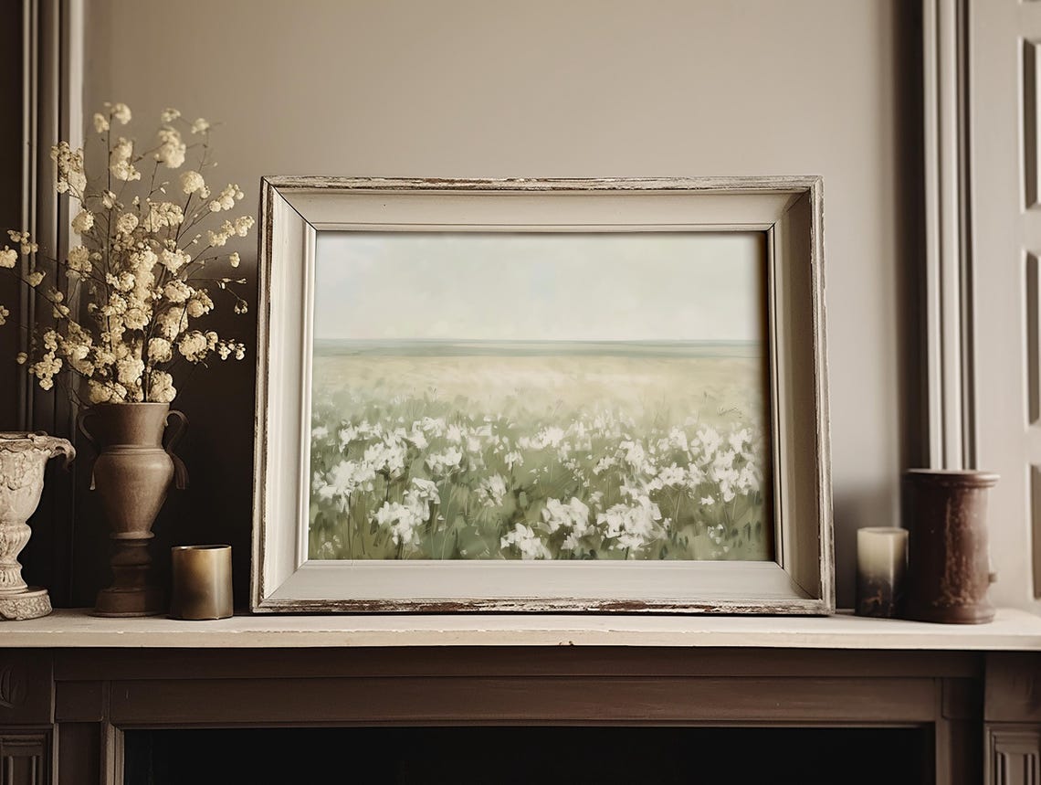 Endless White Wildflower Meadow Under Pale Sky Painting Poster - Image 2