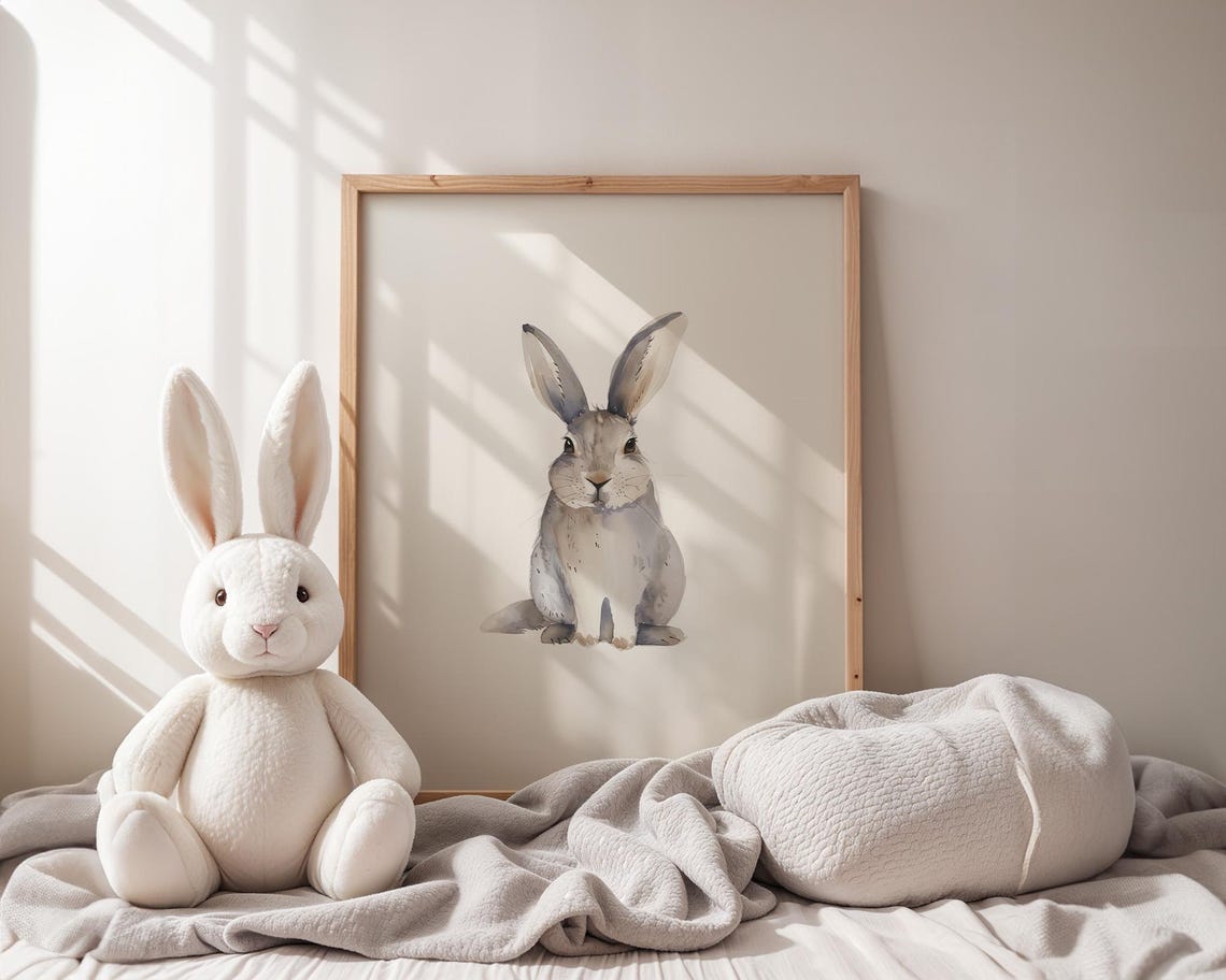 Sweet Grey Rabbit Watercolor Nursery Animal Portrait Wall Poster - Image 3