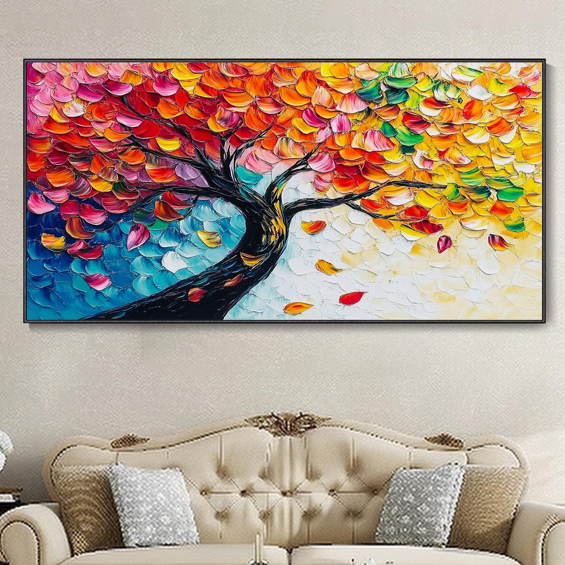 Rainbow Colorful Tree Black Trunk Palette Knife Art Painting Poster - Image 4