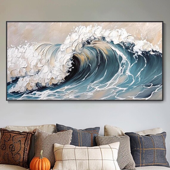 Curling Ocean Wave Teal White Foam 3D Impasto Textured Seascape Art Wall Poster