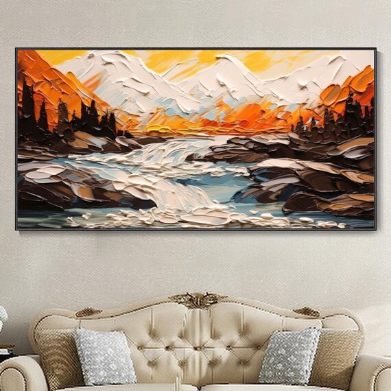 Vitality Mountains Abstract Landscape Textured Oil Painting Large Living Room Art 3d Texture River Texture Unique Wall Decor Designer