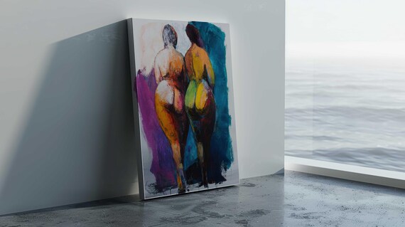 Two Nude Women Walking Together Colorful Friendship Body Art Poster