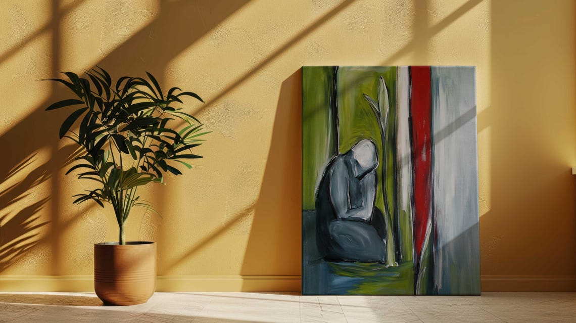 Bowed Figure Green Red Bold Stroke Abstract Emotional Art Print - Image 4