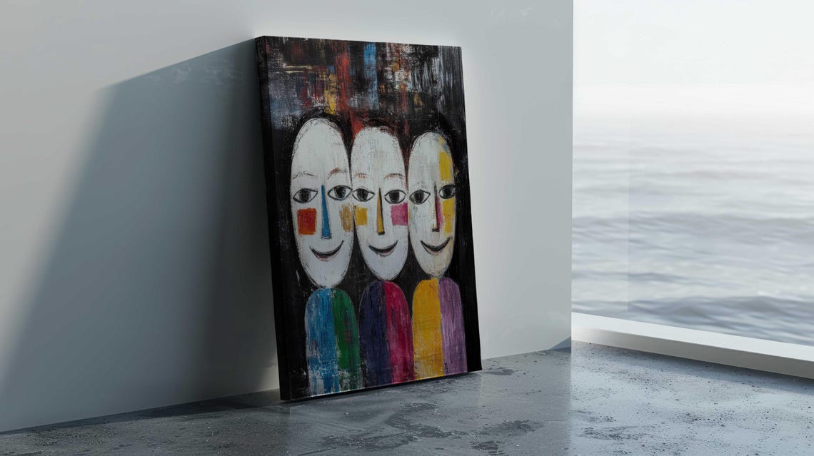 Three Happy Faces Naive Expressionist Mask Art Colorful Wall Poster - Image 2
