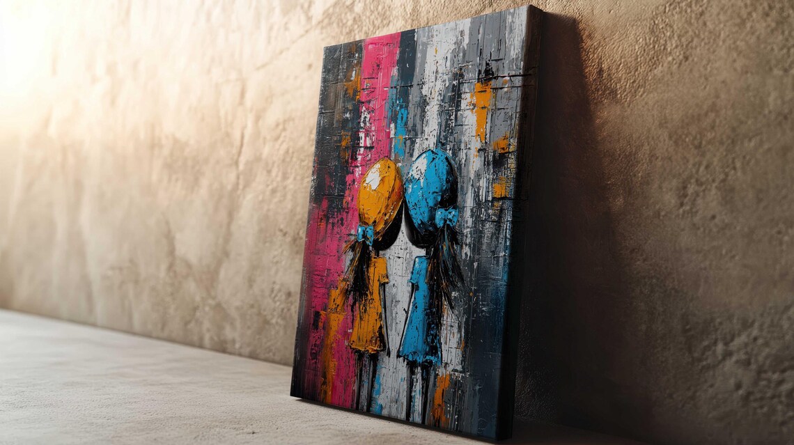 Two Little Girls With Balloons Childhood Friendship Colorful Wall Art
