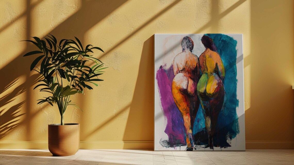 Two Nude Women Walking Together Colorful Friendship Body Art Poster - Image 4